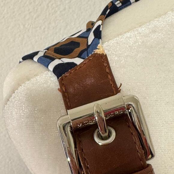 Brown and blue multicolored cowl neck blouse with metal clasp detail - Picture 2 of 5